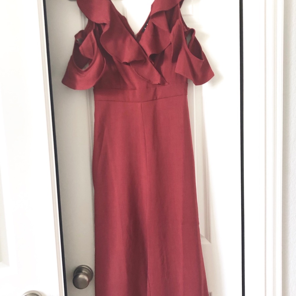 Lulu's Rust Ruffle Cold Shoulder Jumpsuit - Picture 2 of 4